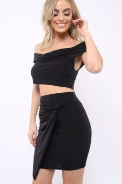 Rebellious Fashion Black Twist Knot Front Slinky Co-ord Set - Binkie