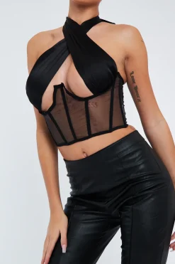 Rebellious Fashion Black Under Boob Halterneck Corset Crop Top - Kass
