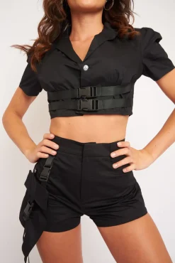 Rebellious Fashion Black Utility Cargo Short and Buckle Crop Shirt Co-ord - Saisha