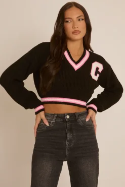 Rebellious Fashion Black Varsity Crop Jumper - Rory