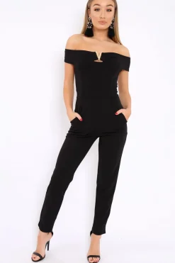 Rebellious Fashion Black V Bardot Jumpsuit - Izzabell