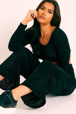 Rebellious Fashion Black Velour Crop Top Wide Leg Trouser Co-Ord - Salina