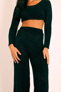 Rebellious Fashion Black Velour Crop Top Wide Leg Trouser Co-Ord - Salina