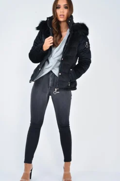 Rebellious Fashion Black Velour Fur Hood Puffer Jacket - Eastlynn
