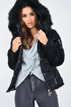 Rebellious Fashion Black Velour Fur Hood Puffer Jacket - Eastlynn