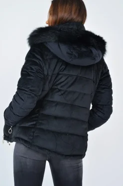 Rebellious Fashion Black Velour Fur Hood Puffer Jacket - Eastlynn
