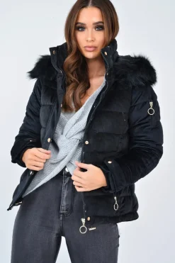 Rebellious Fashion Black Velour Fur Hood Puffer Jacket - Eastlynn