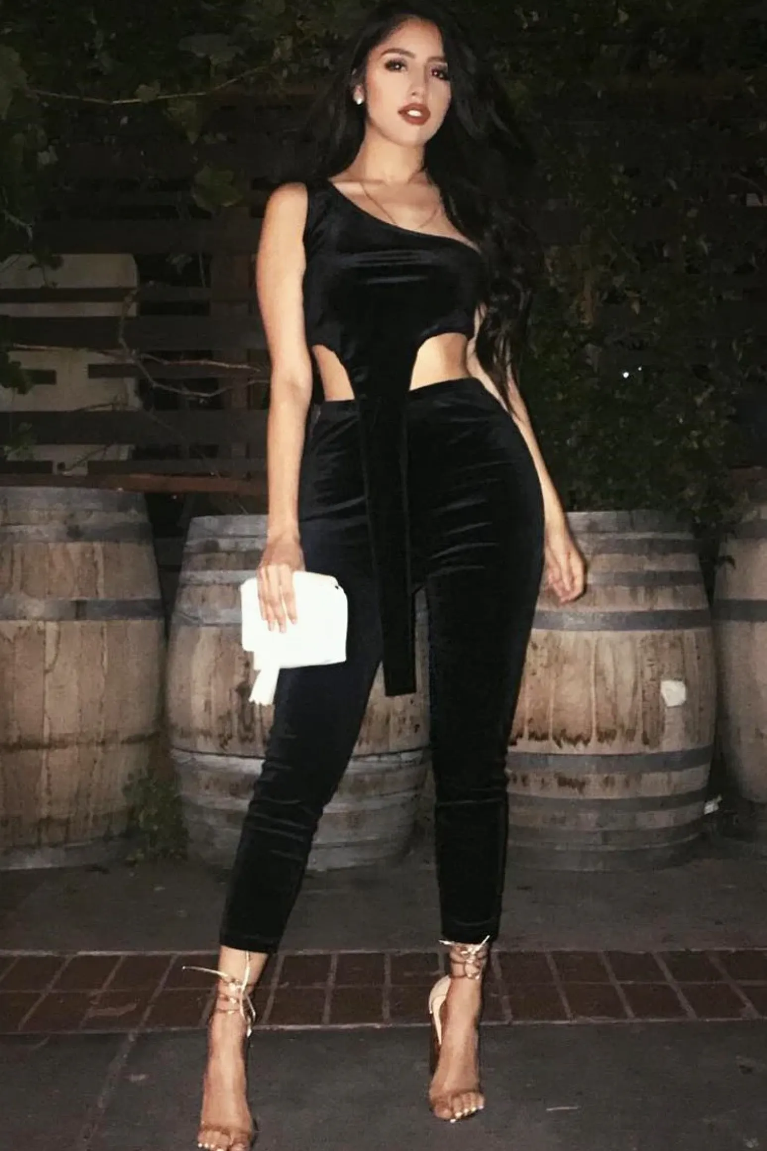Rebellious Fashion Black Velour One Shouldered Crop Top And Leggings Co-ord - Everlyn