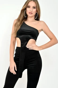 Rebellious Fashion Black Velour One Shouldered Crop Top And Leggings Co-ord - Everlyn