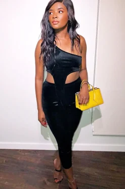 Rebellious Fashion Black Velour One Shouldered Crop Top And Leggings Co-ord - Everlyn