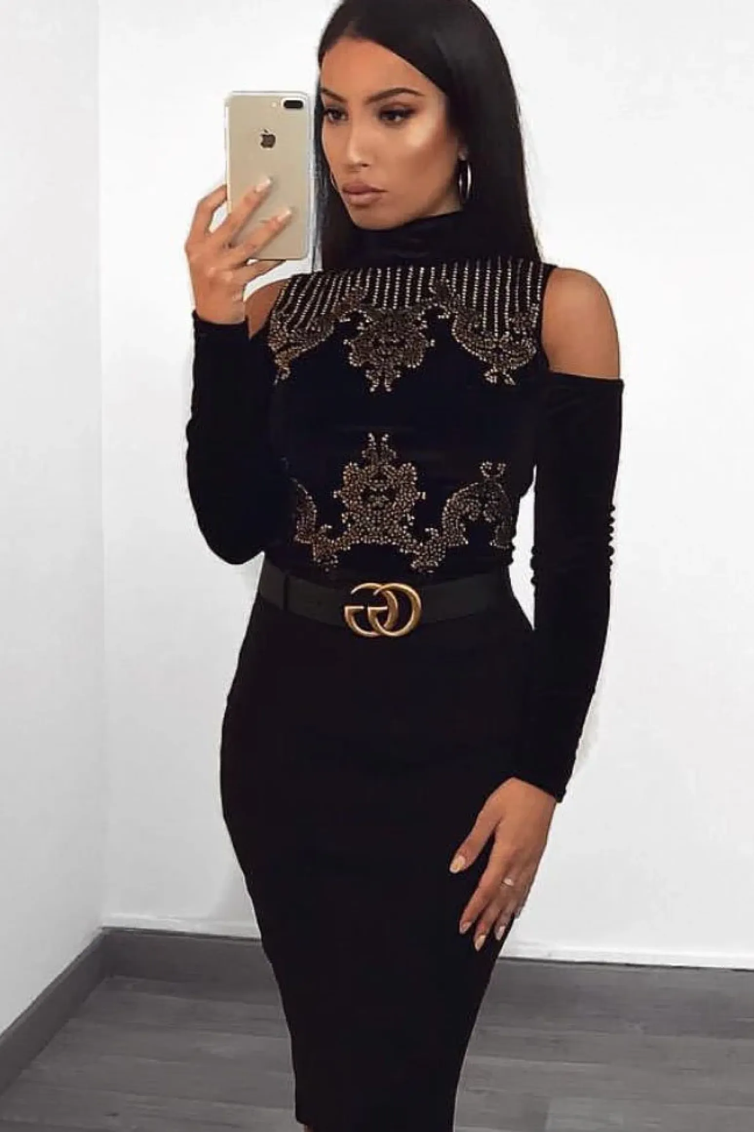 Rebellious Fashion Black Velvet and beaded Cold Shoulder High Neck Bodysuit - Kyndal