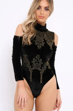 Rebellious Fashion Black Velvet and beaded Cold Shoulder High Neck Bodysuit - Kyndal