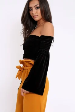 Rebellious Fashion Black Velvet Bardot Shirred Crop Top with Flared Sleeves - Shera