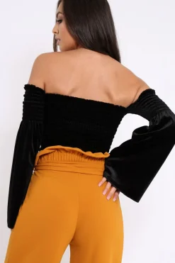 Rebellious Fashion Black Velvet Bardot Shirred Crop Top with Flared Sleeves - Shera