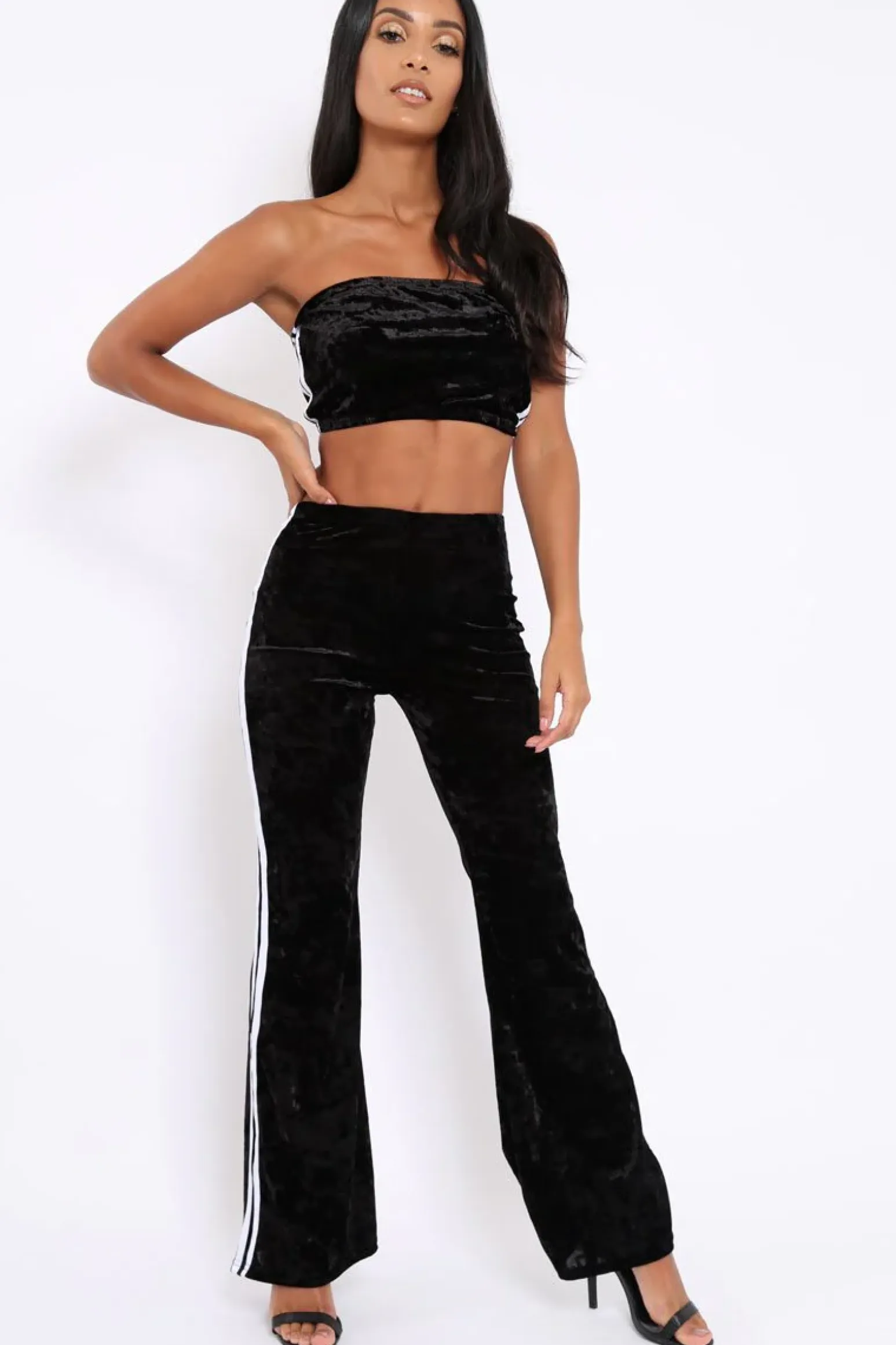 Rebellious Fashion Black Velvet Boobtube and Trouser Set - Shayla