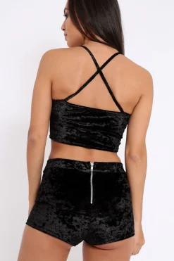 Rebellious Fashion Black Velvet Bralet and Shorts Co ord - Sophia