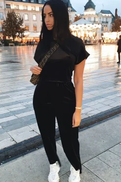 Rebellious Fashion Black Velvet Crop Top and Trousers Loungewear Set - Kani