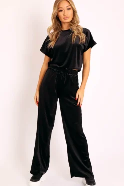 Rebellious Fashion Black Velvet Crop Top and Trousers Loungewear Set - Kani