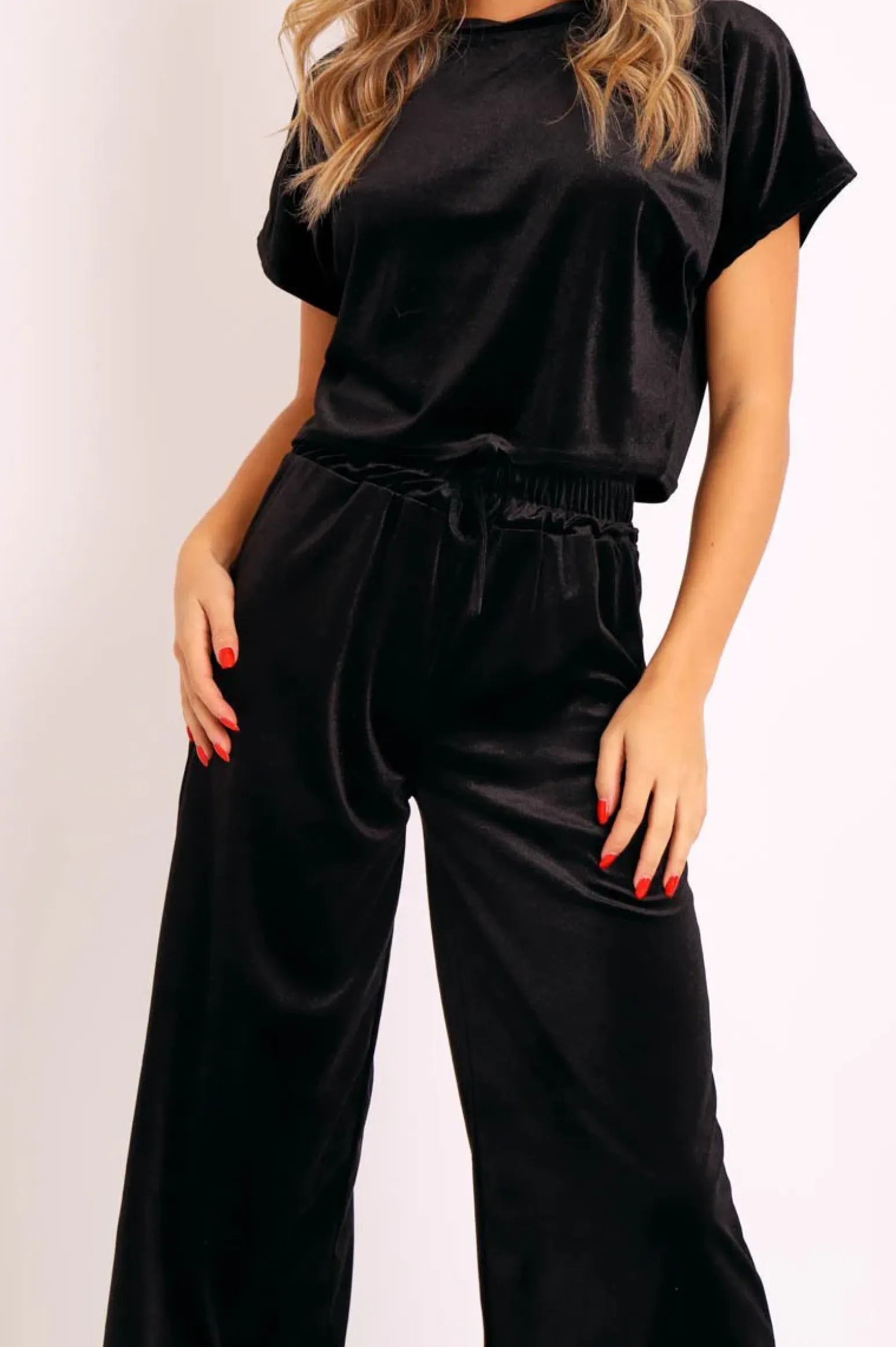 Rebellious Fashion Black Velvet Crop Top and Trousers Loungewear Set - Kani