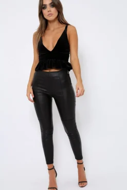 Rebellious Fashion Black Velvet Frill Hem Crop Top - Krissie