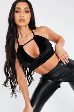 Rebellious Fashion Black Velvet Halter Neck Crop Top - Astra