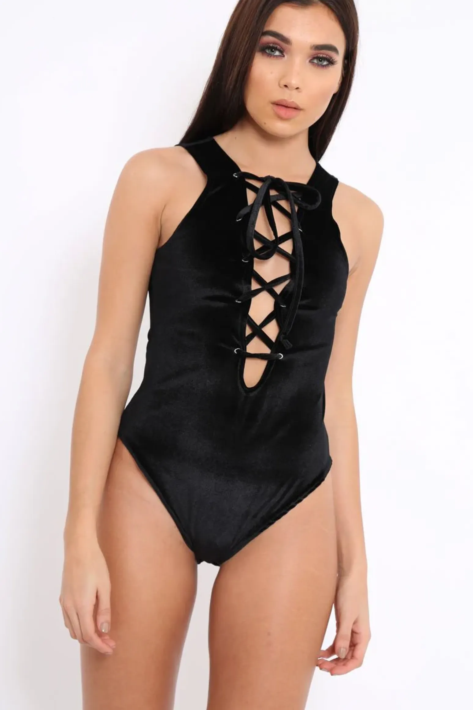 Rebellious Fashion Black Velvet Lace Front Bodysuit - Shona