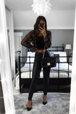 Rebellious Fashion Black Velvet Polka Mesh Corset Style Crop Top - Shia