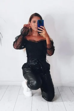 Rebellious Fashion Black Velvet Polka Mesh Corset Style Crop Top - Shia