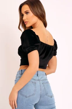 Rebellious Fashion Black Velvet Puff Sleeve Milkmaid Crop Top - Erina