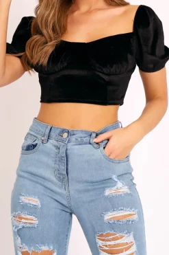 Rebellious Fashion Black Velvet Puff Sleeve Milkmaid Crop Top - Erina