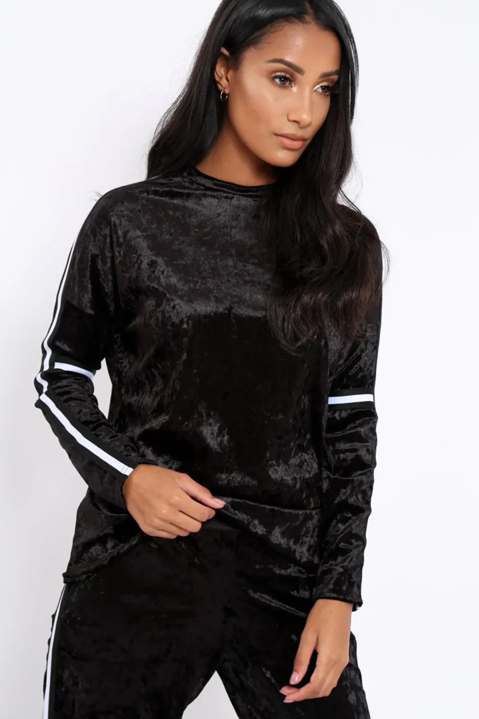 Rebellious Fashion Black Velvet Striped Trim Co-ord Set - Beau