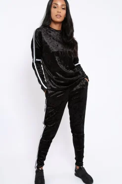 Rebellious Fashion Black Velvet Striped Trim Co-ord Set - Beau