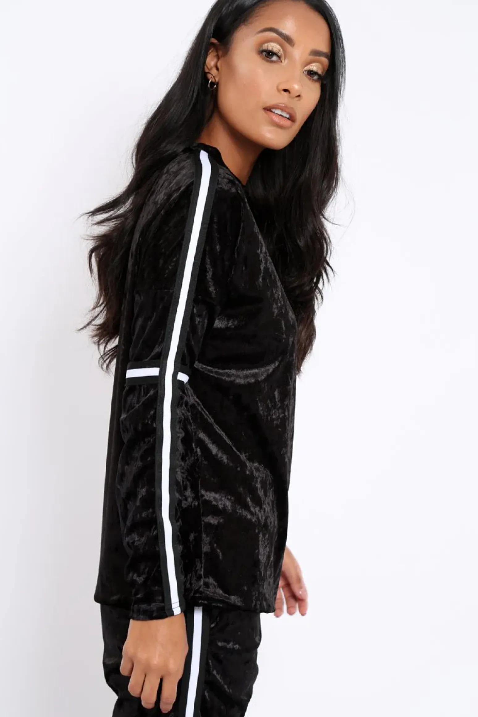 Rebellious Fashion Black Velvet Striped Trim Co-ord Set - Beau