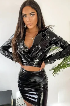 Rebellious Fashion Black Vinyl Crop Jacket Mini Skirt Co-Ord - Ivey