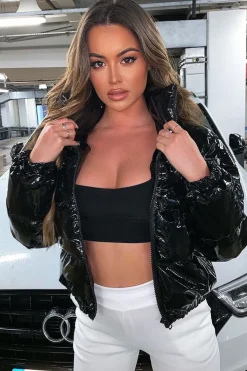 Rebellious Fashion Black Vinyl Cropped Puffer Jacket - Zyonna