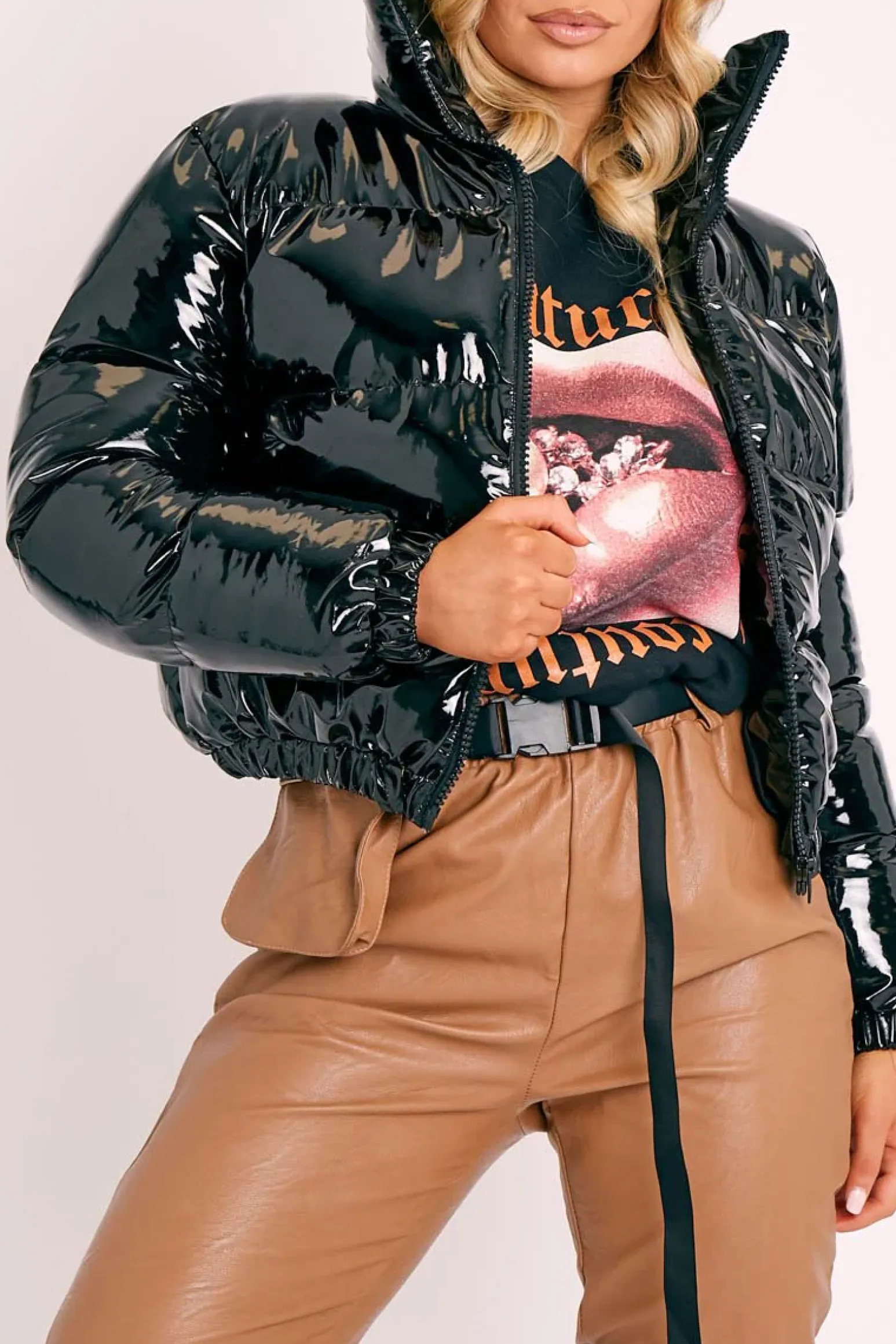 Rebellious Fashion Black Vinyl Cropped Puffer Jacket - Zyonna