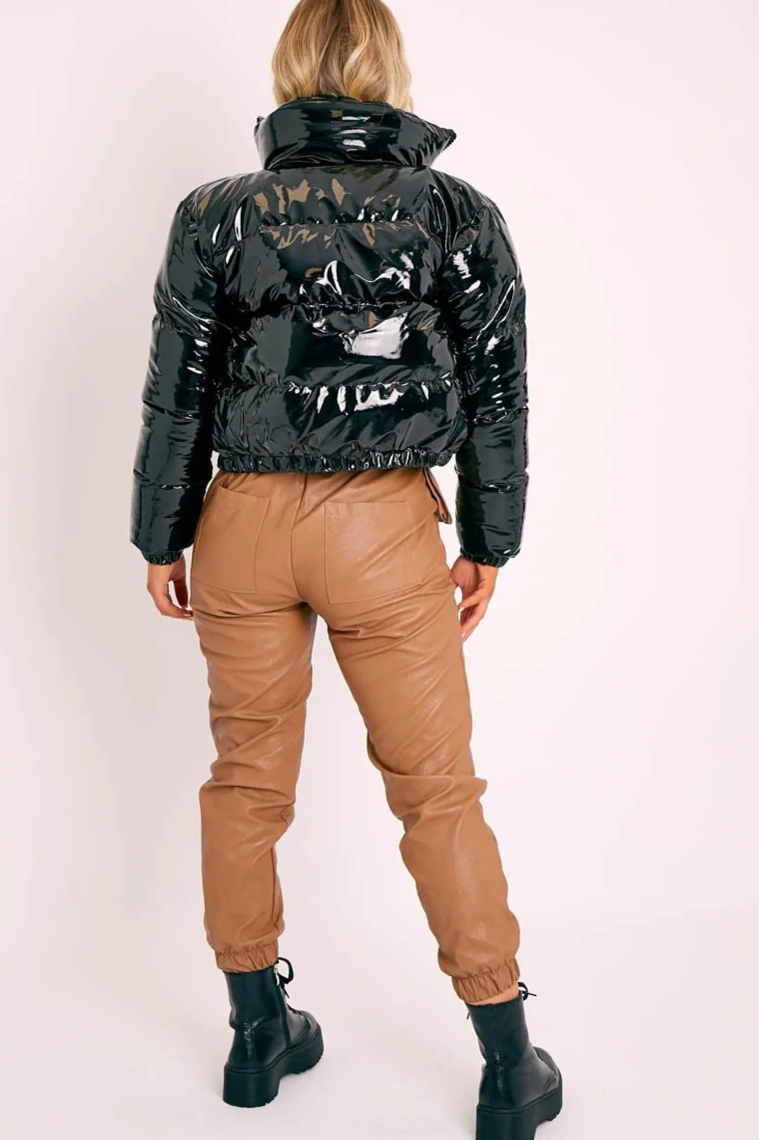 Rebellious Fashion Black Vinyl Cropped Puffer Jacket - Zyonna