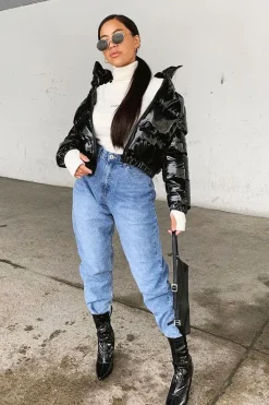 Rebellious Fashion Black Vinyl Cropped Puffer Jacket - Zyonna