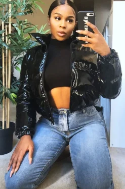 Rebellious Fashion Black Vinyl Cropped Puffer Jacket - Zyonna