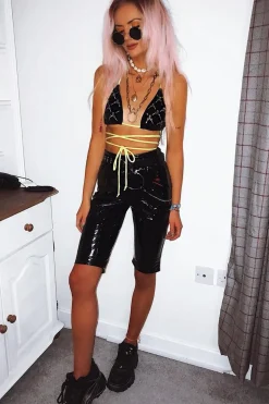 Rebellious Fashion Black Vinyl Cycling Shorts - Leisel