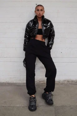 Rebellious Fashion Black Vinyl Extreme Cropped Puffer Coat - Analyn