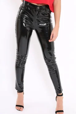 Rebellious Fashion Black Vinyl Trousers - Abriella