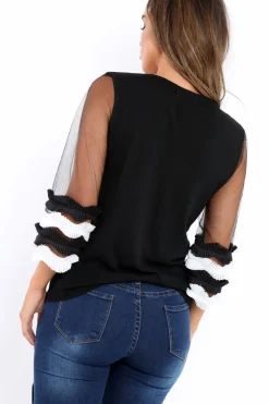 Rebellious Fashion Black V Neck Jumper with Mesh Ruffled Sleeves - Amirah