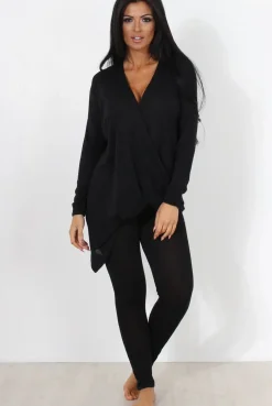Rebellious Fashion Black V Neck Loungewear Set-Kimi