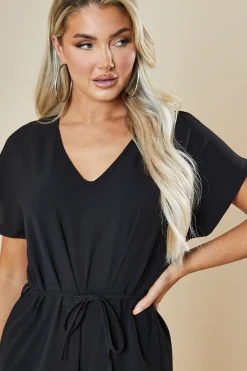 Rebellious Fashion Black V-Neck Oversized Tie Detail Jumpsuit - Sammie