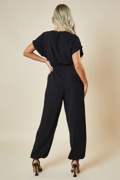 Rebellious Fashion Black V-Neck Oversized Tie Detail Jumpsuit - Sammie