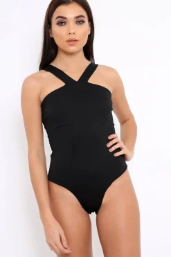 Rebellious Fashion Black V Neck Strap Bandeau Bodysuit - Karlah
