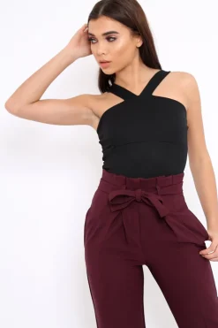 Rebellious Fashion Black V Neck Strap Bandeau Bodysuit - Karlah