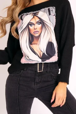 Rebellious Fashion Black Vogue Graphic Slouchy Knit Jumper - Janel