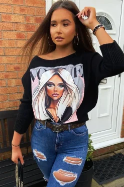 Rebellious Fashion Black Vogue Graphic Slouchy Knit Jumper - Janel